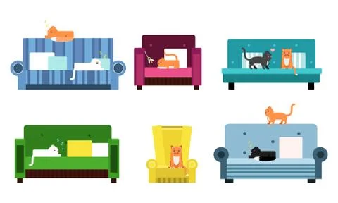 Six Flat Vector Illustration Set With Cats On The Sofas Illustrazione stock
