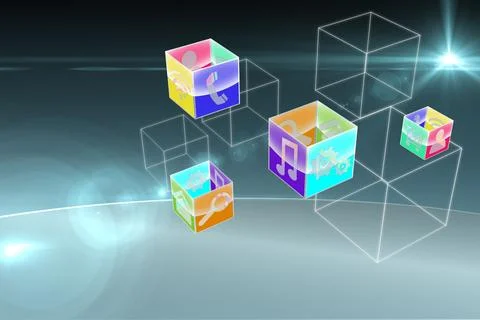 Six floating clear 3D cubes with app icons are hovering over curved horizon with Ilustração Stock
