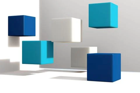 Six floating colored cubes are hovering in minimal white 3D studio render, 库存插图