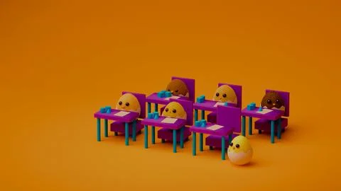 Six fluffy chicks in classroom with one standing in front.... Stock Illustration