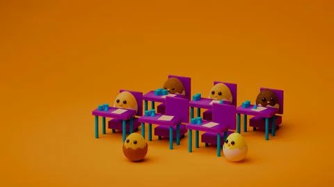Six fluffy chicks in classroom with two standing out.... Illustrazione stock