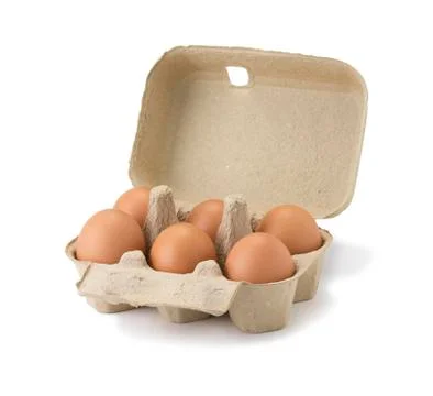 Six fresh eggs in Cardboard egg. box carton box with six Chicken eggs isolate Stock Photos