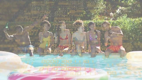 Six friends sitting poolside, pulling phone, posing for social post while yellow Stock Footage 333278475