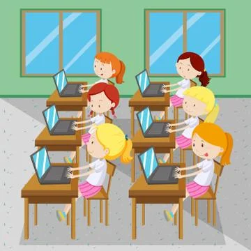 Six girls typing on computers 스톡 일러스트