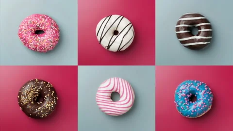Six glazed sweet donuts. Different donuts rotating. Various colorful donuts Stock Footage 159747618