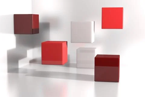 Six glossy red, white cubes are floating in minimalist 3D render studio space Stock Illustration