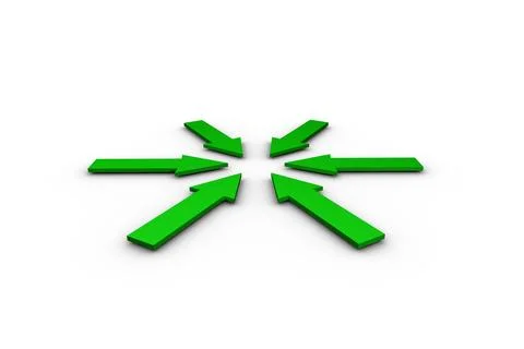 Six green arrows in 3D render are pointing inward on white plane, with subtle Stock Illustration