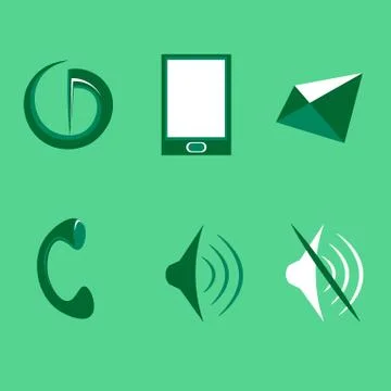 Six green web icons: power, mobile, envelope, landline, volume symbols Stock Illustration
