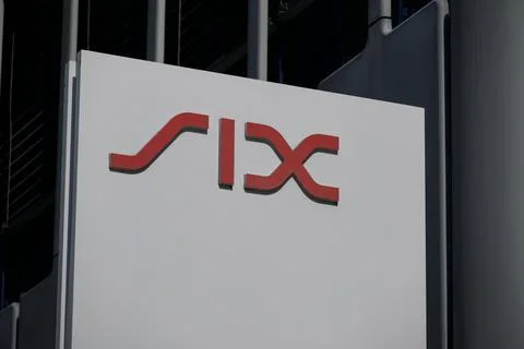 SIX Group red logo sign close up on white outdoor totem in Zurich Stock Photos