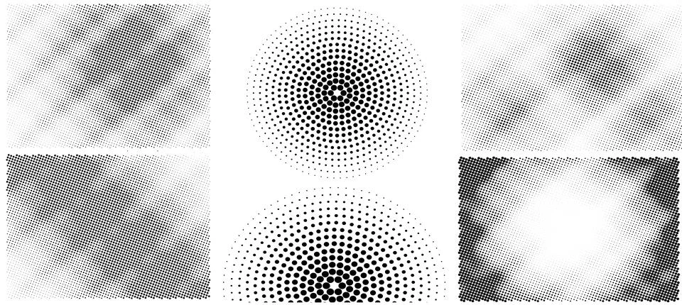 Six Halftone Dot Patterns with Radial and Diagonal Designs Illustrazione stock