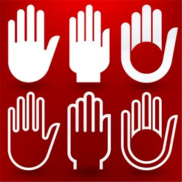 Six hands icon in different styles over red background. Stock Illustration