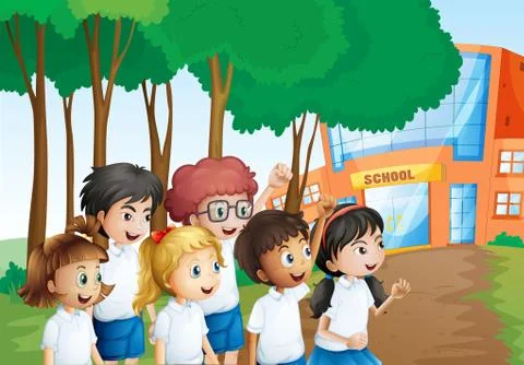 Six happy students in front of the school building Ilustración de archivo
