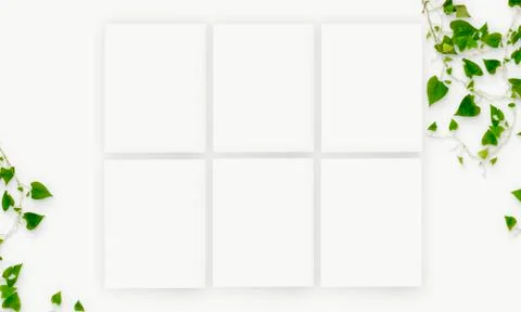 Six Interior vertical rectangular poster mockups with plant and decorations o Stock Photos