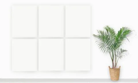 Six Interior vertical rectangular poster mockups with plant and decorations o Stock Photos