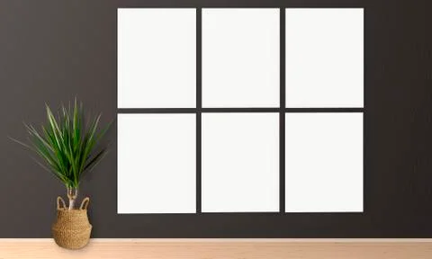 Six Interior vertical rectangular poster mockups with plant and decorations o Stock Photos