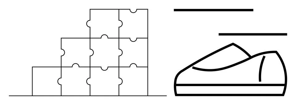 Six interlocking puzzle pieces stacked in a pyramid beside an outlined shoe s Stock Illustration
