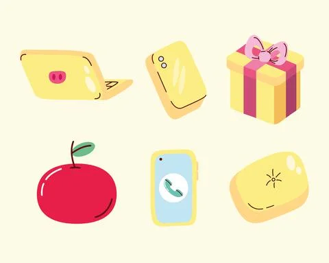 Six kawaii style elements Stock Illustration