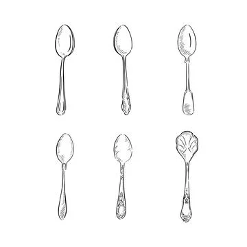 Six line drawn tea spoons Stock Illustration