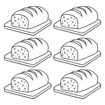 Six loaves of bread on cutting boards arranged in a grid, simple black and .. イラスト素材