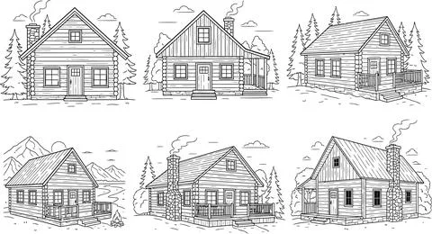 Six log cabins drawn as simple monochrome line art are set in nature, providi Stock Illustration