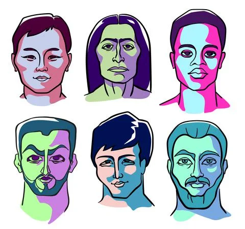 Six male faces of different appearances. Color portraits in the style of Supr Stock Illustration