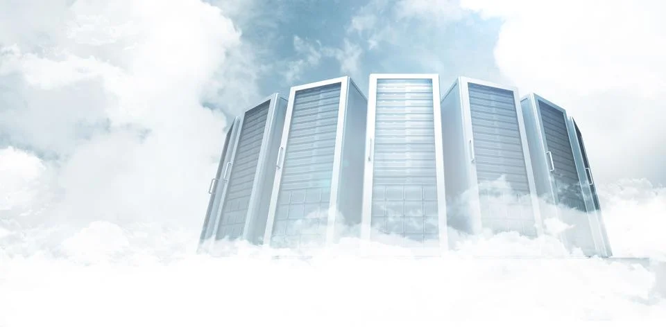 Six metallic server racks are rising from billowing clouds with glowing glass Stock Illustration