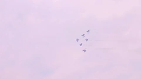 Six Mig 29 fighter planes fly in sky on airshow Wings of Parma Stockbeeldmateriaal 58534943