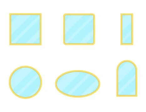 Six mirrors with yellow frames in square, rounded, rectangular, circular 库存插图