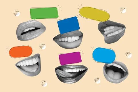 Six mouth doing different gestures with colored blank speech bubbles Illustration