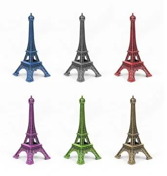 Six multicolored Eiffel Tower models, isolated on white background 스톡 사진