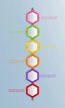 Six multicolored hexagons connected with text boxes and pictograms, infograph Stock Illustration