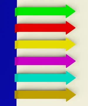 Six multicolored long arrow tabs over paper for menu list or notes Ilustración de archivo