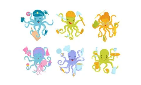Six Octopuses Engaging in Different Occupations Holding Different Objects and Stock Illustration