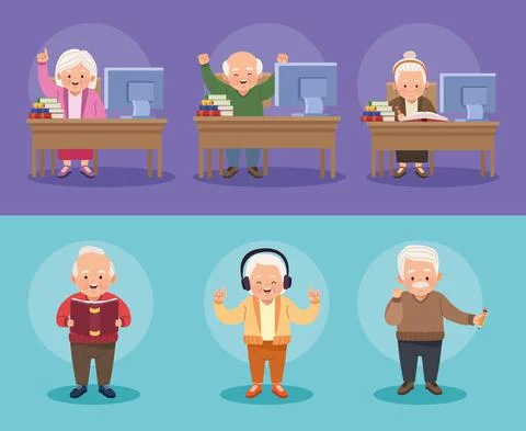 Six old persons studing Stock Illustration