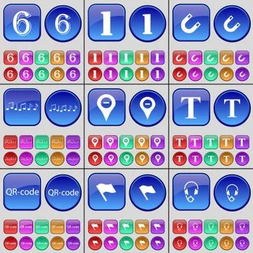 Six, One, Magnet, Note, Checkpoint, Font, QR-code, Flag, Headphones. A large set Stock Illustration