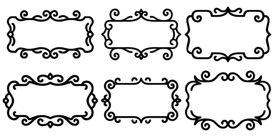 Six ornate black rectangular frames isolated on white background for design. Stock Illustration