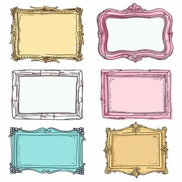 Six ornate vintage frames hand drawn, pastel colors. Collection rectangle square イラスト素材