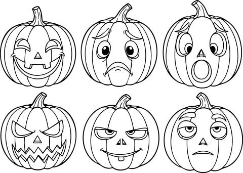 Six outlined pumpkins displaying diverse expressions such as happy, sad, surp Illustrazione stock