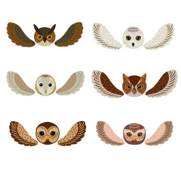 Six owls faces with wings Stock Illustration