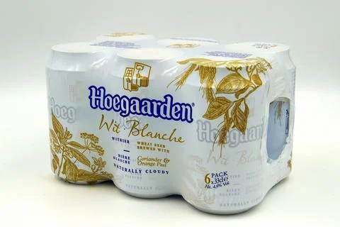 Six Pack of Hoegaarden Wit Blanche beer Stock Photos
