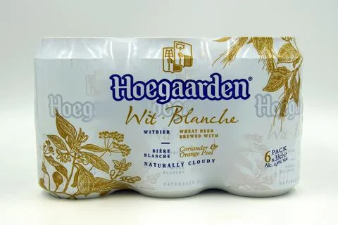 Six Pack of Hoegaarden Wit Blanche beer Stock Photos