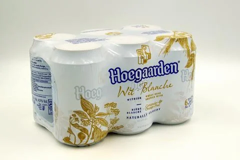 Six Pack of Hoegaarden Wit Blanche beer Stock Photos