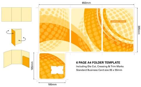 Six page A4 Folder template with Die Cut and standard business card slot Stock Illustration