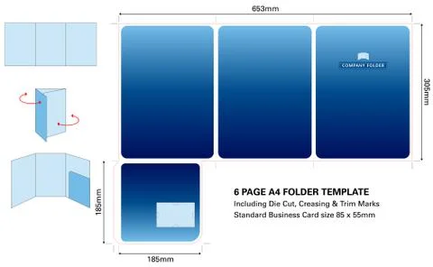 Six page Folder template with Die Cut and standard business card slot Stock Illustration