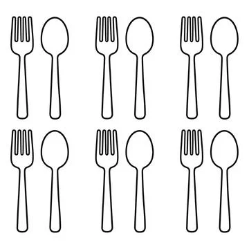 Six pairs of fork and spoon arranged in a grid, simple black outline on a w.. Stock Illustration