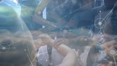 Six peers stepping forward, stacking hands on bricks, building teamwork as nodes Stock Footage 331175928