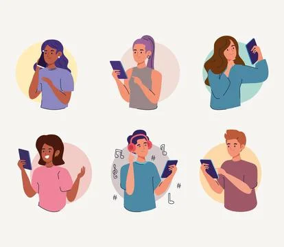 Six persons using smartphones Illustrazione stock