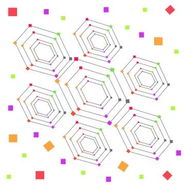 Six Pointed Hexagon Concentric Pattern on White with Randomly Scattered Squares Stock Illustration