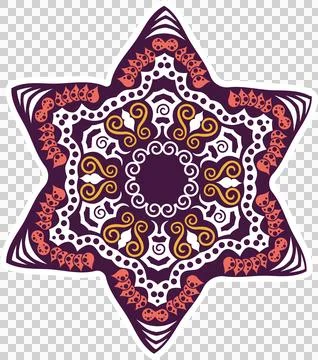 Six-pointed mandala vector star is forming on transparent with scrolls, circles, Illustrazione stock