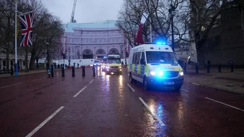 Six Police “Pixie” Trucks With Blue Lights Flashing Drive Slowly Along The Mall Stock Footage 296221639